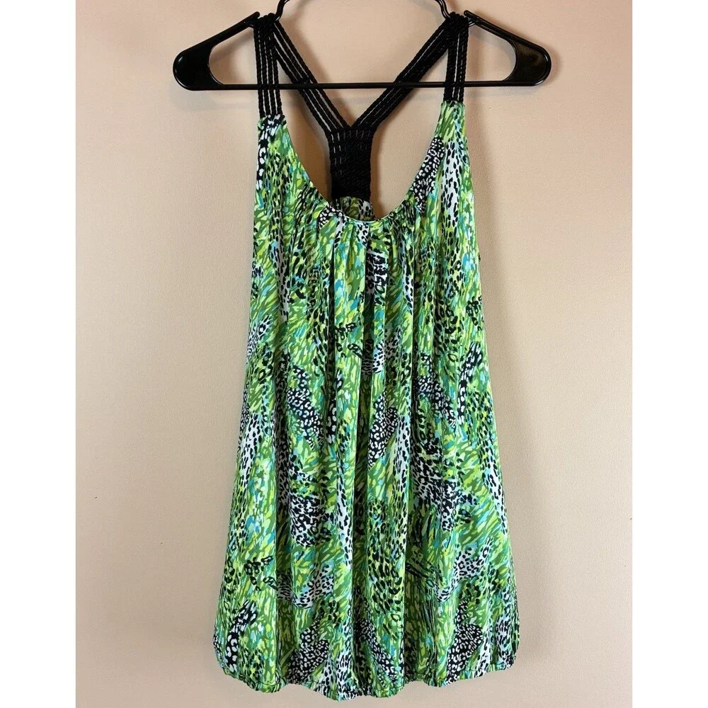 New Directions Women’s Green Animal Print Tank Blouse Crochet Straps Size L - Picture 1 of 6